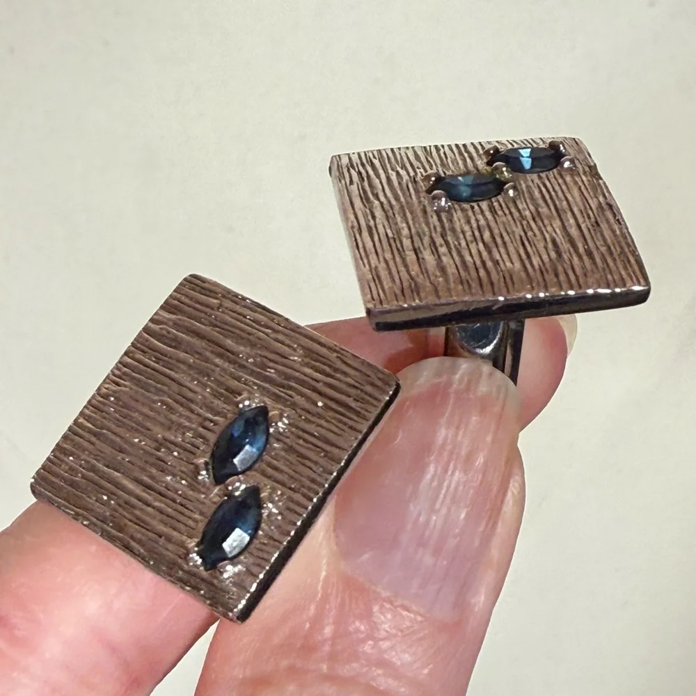 Vintage 1940- 60 Swank Art deco silver Blue Marquise stone Square cuff links